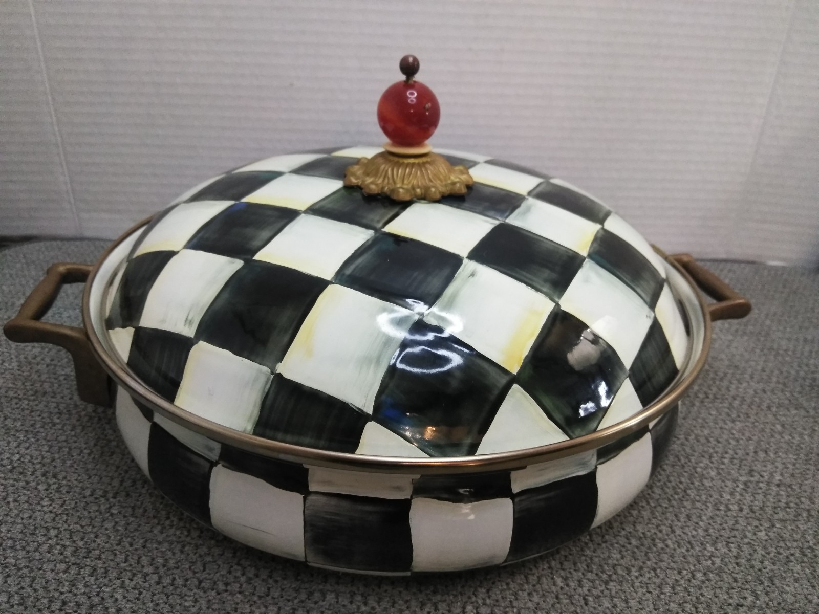 Mackenzie Childs Courtly Check Covered Casserole Handles 3 Quart Enamel (READ)