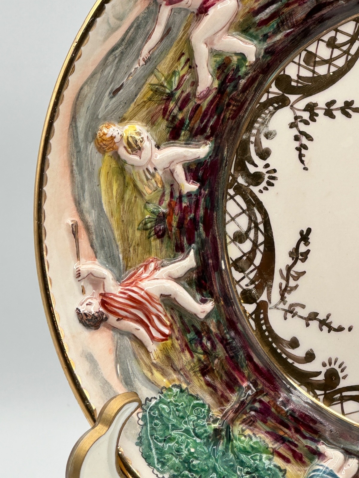 Pair Vintage Italian Capodimonte 7.5” Hand Painted Figural Relief Plates