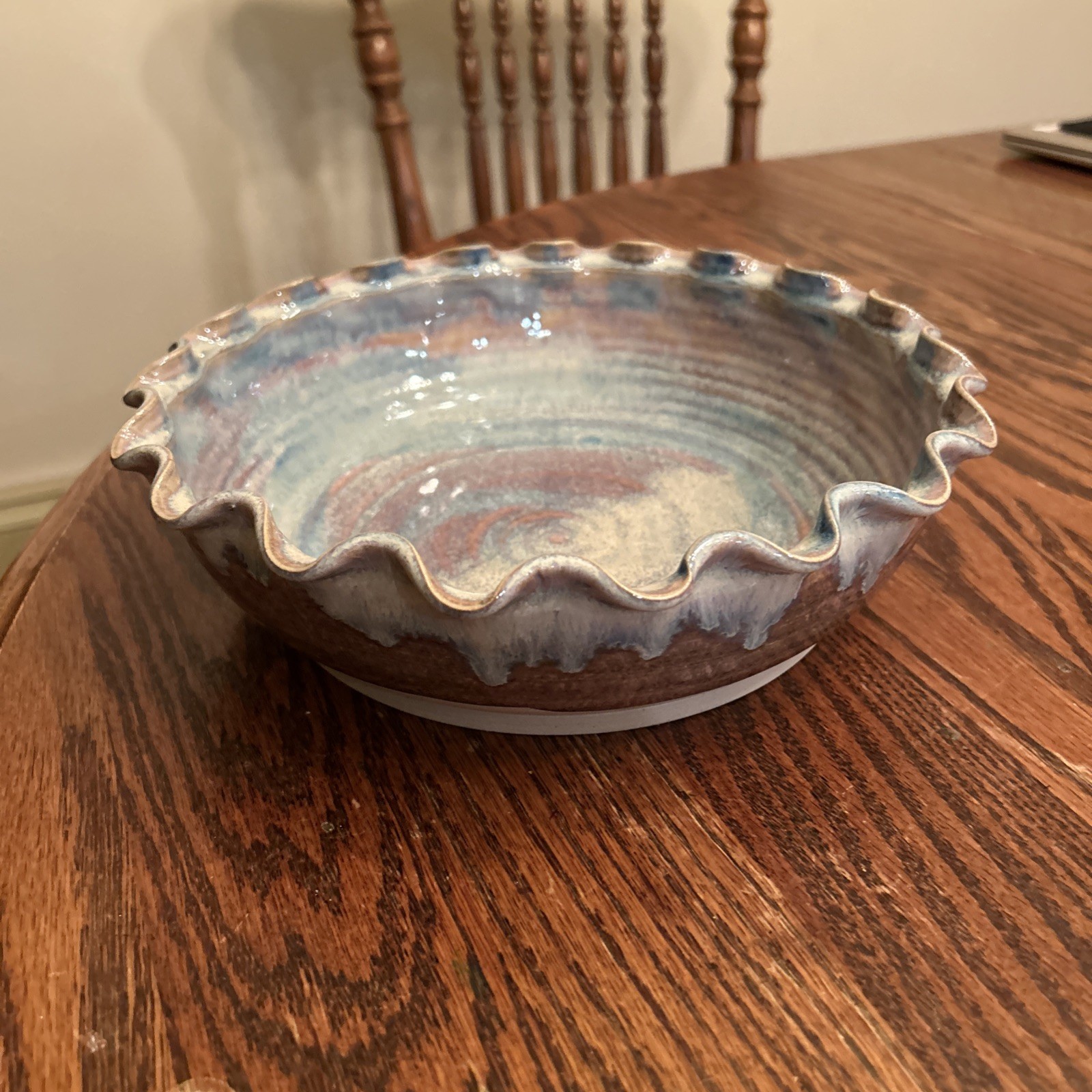 Studio Art Pottery Bowl 9.5″ Artist Signed “Hunt 5/88” Handcrafted Ruffle Edge