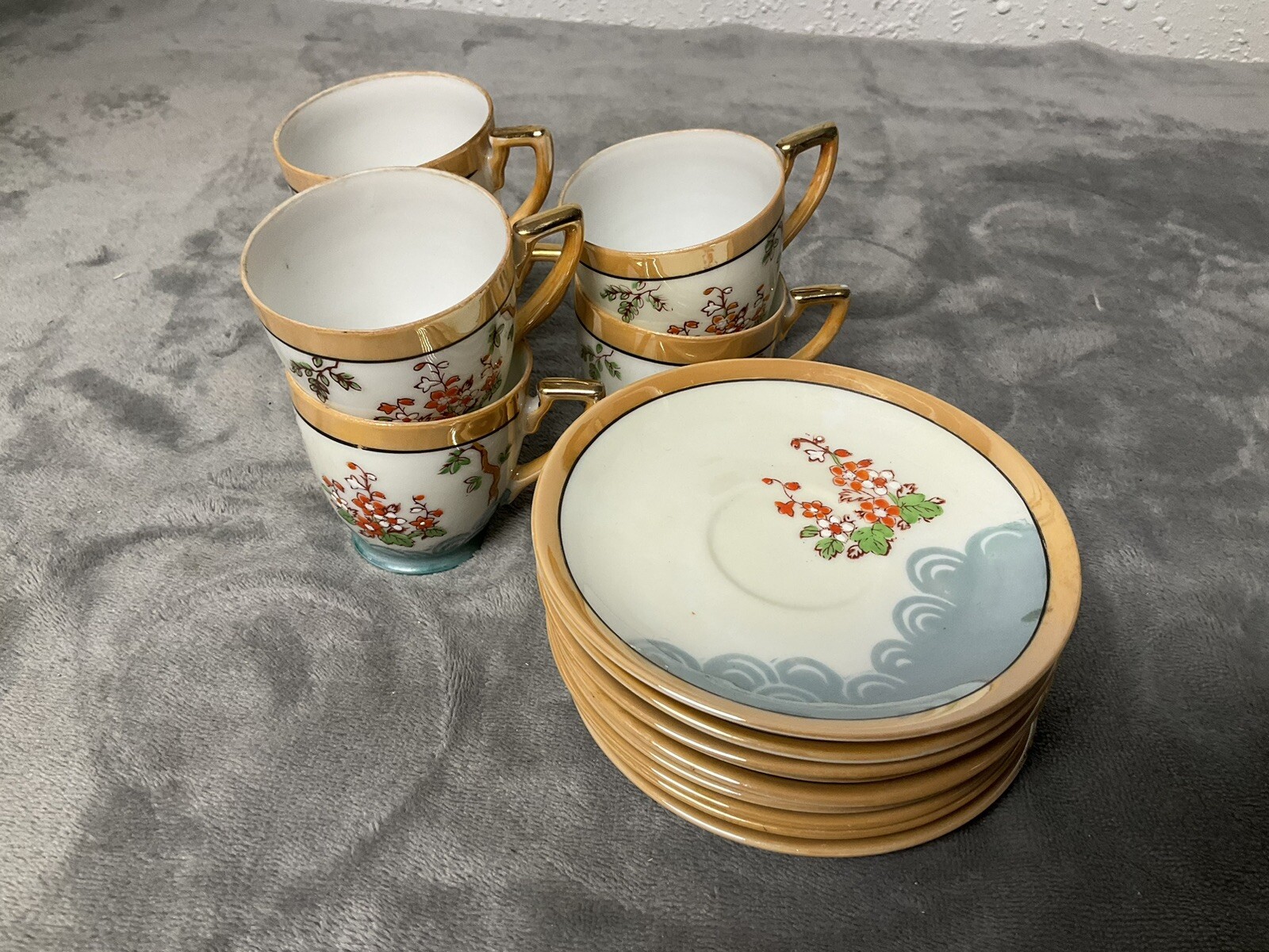 Vintage Demitasse Chikaramachi 6 Cups and 9 Saucers Hand Painted Japan