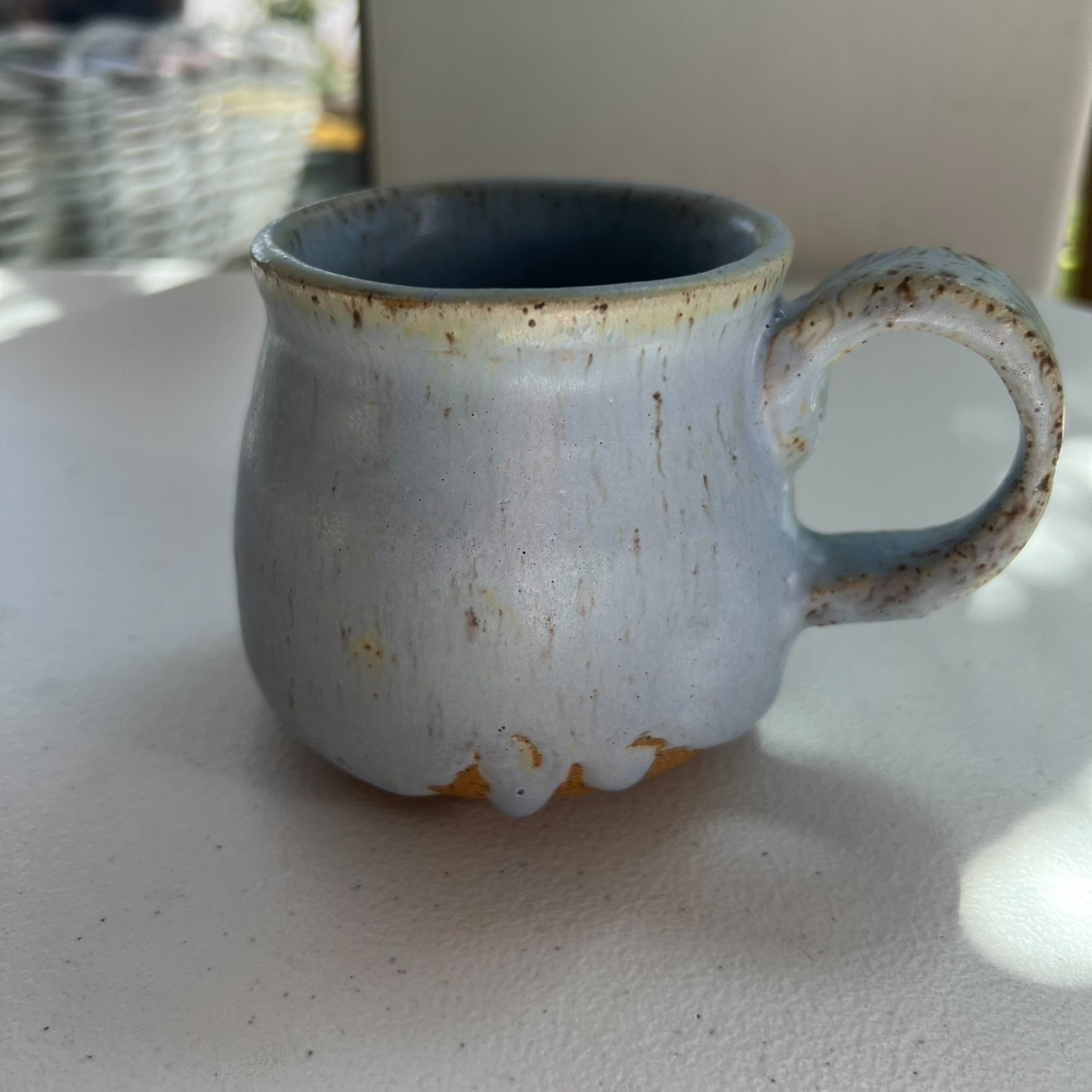 Studio Art Pottery Signed Mug Handmade Matte Stoneware Blue Dipped Speckle