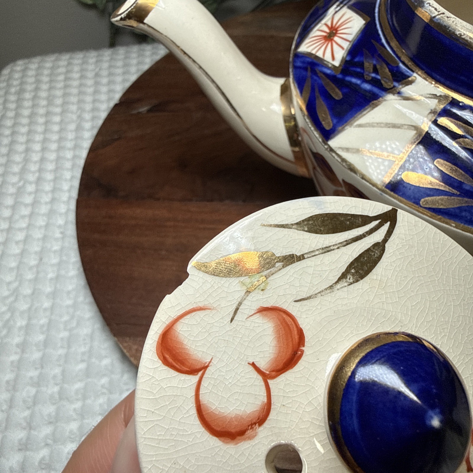 Sadler England Imari Floral Teapot Blue Rust Red Gold 10” Lid Chip Vintage