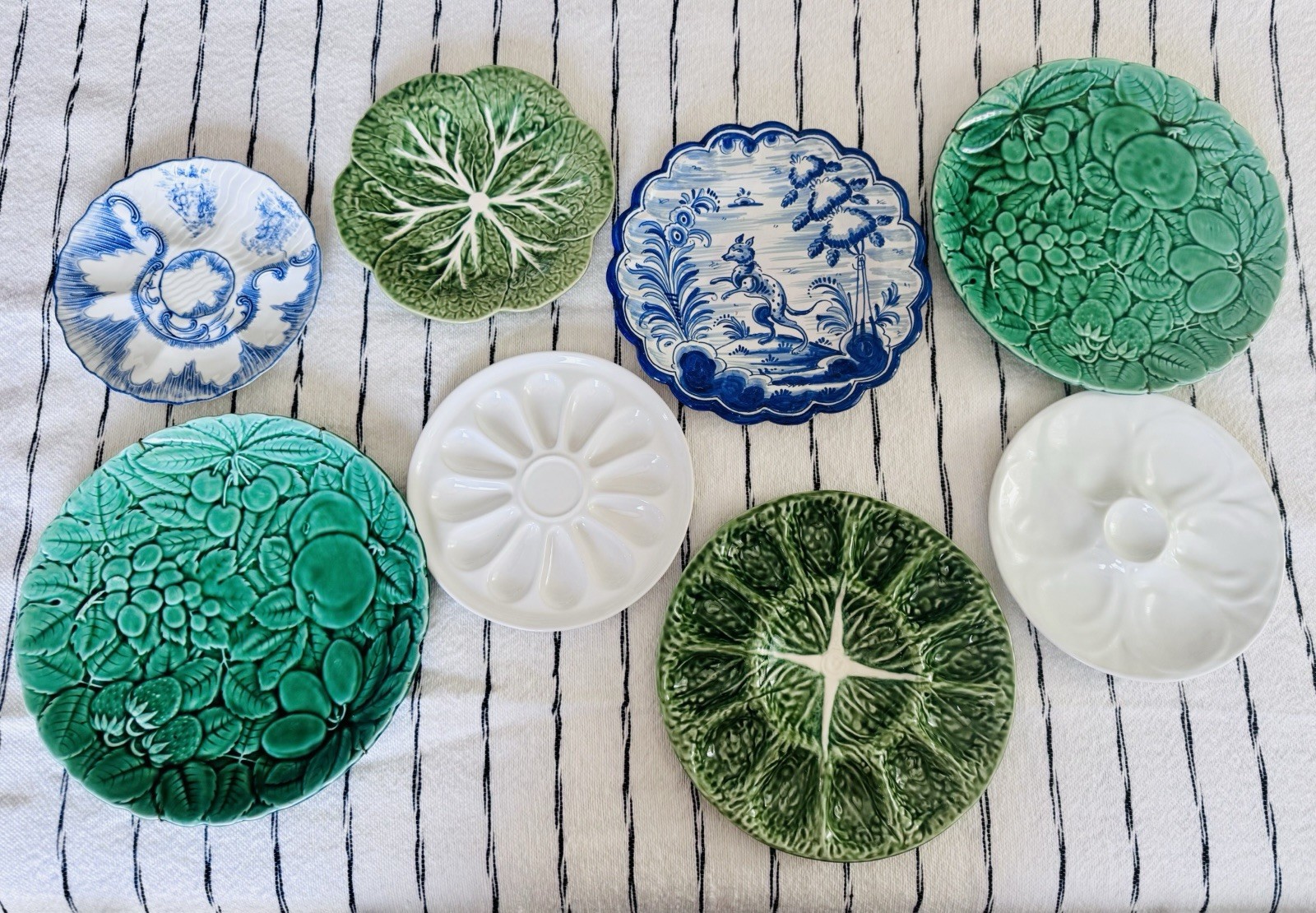 Pair Sarreguemines France Green Majolica Fruit Wall Plates 12” Vintage Decor