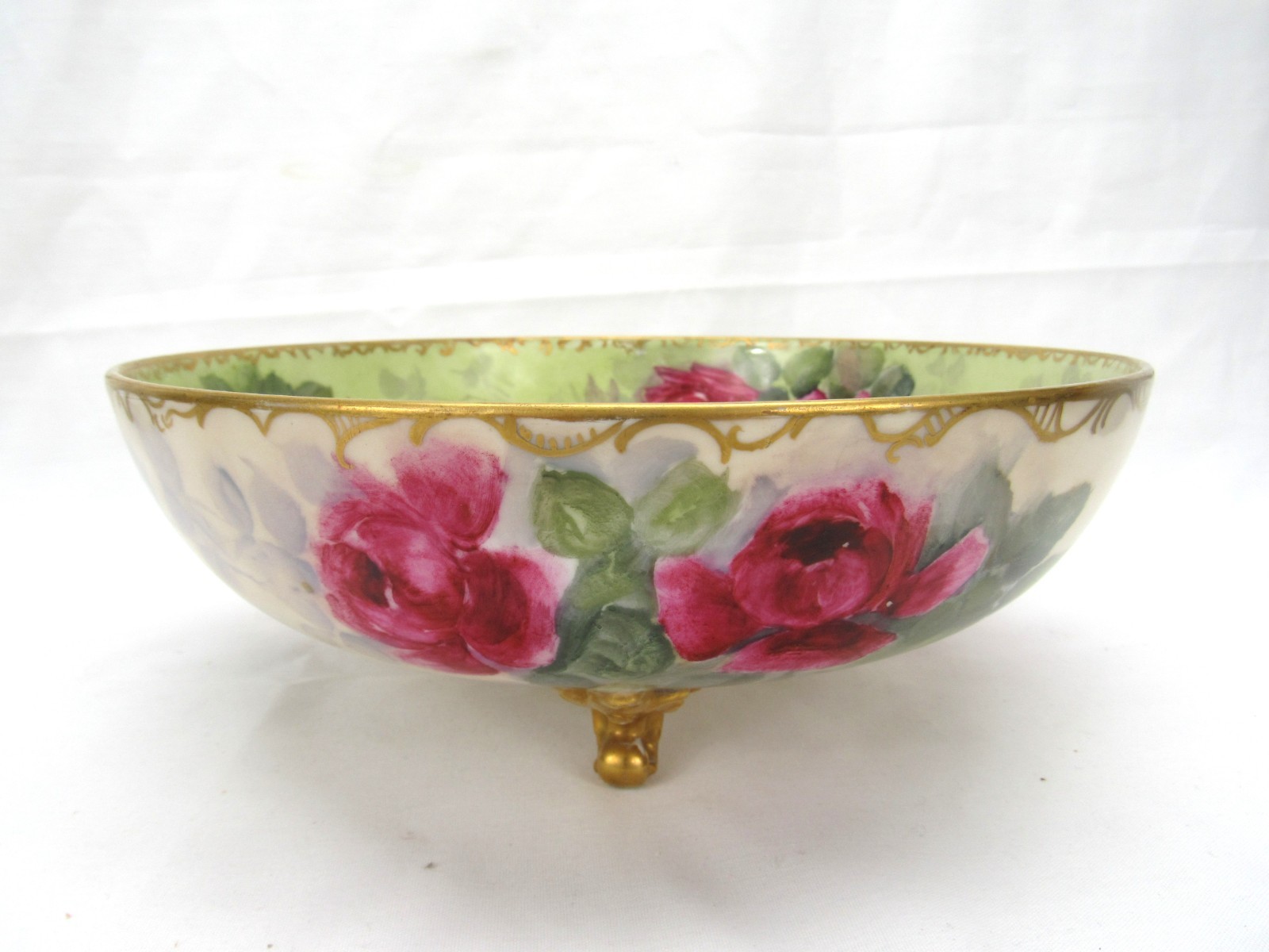 Antique Hand Painted tri Footed Bowl red roses with orated Gold Trim 9″