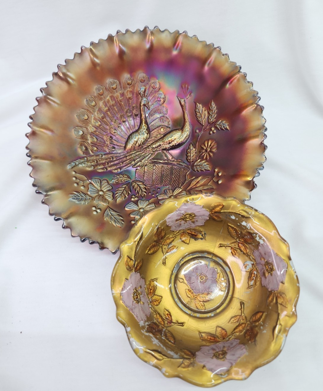 Vintage Northwood Carnival Glass Peacock And Goofus Glass Bowls
