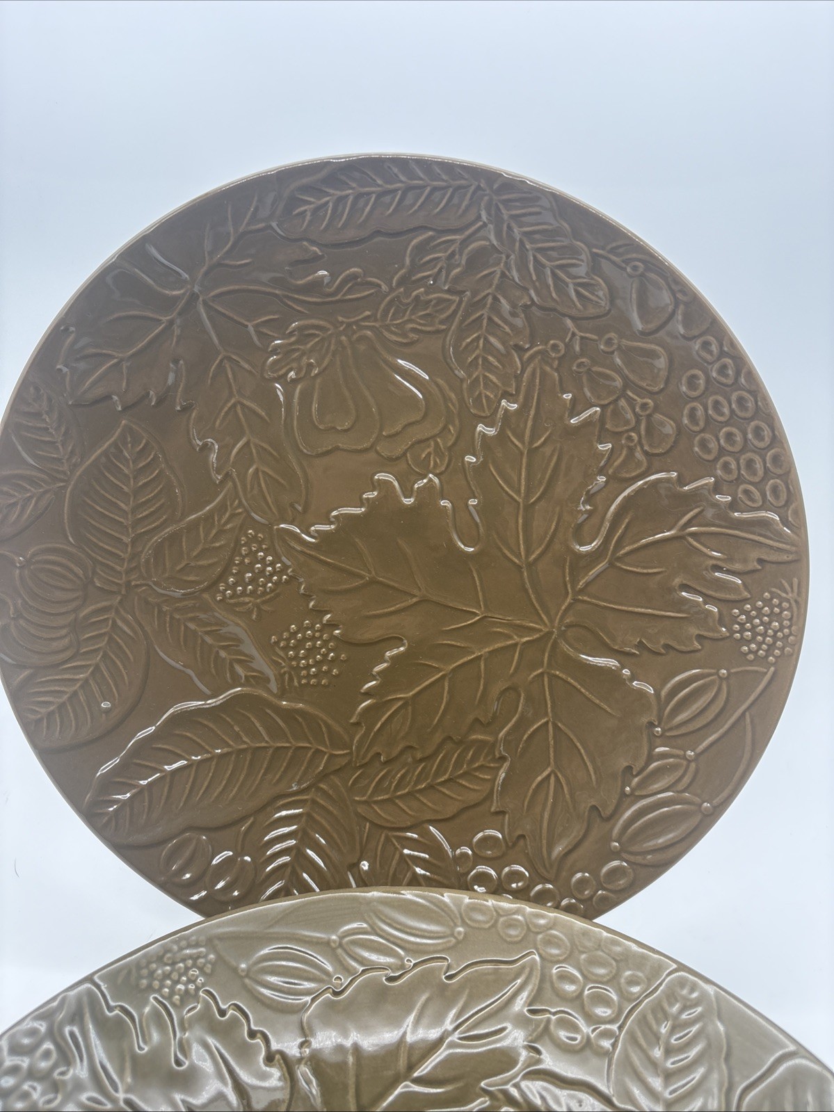 Set of 4 IQ Accessories 10 5/8” Dinner Plates Plates Olive Green Embossed Leaves