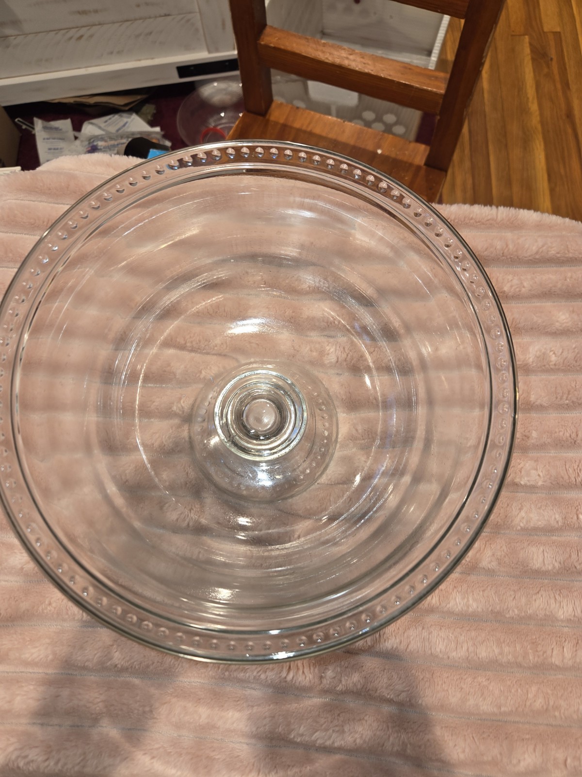 Clear Glass Pedestal Bowl Beaded Edge Round Glossy Elegant Decorative