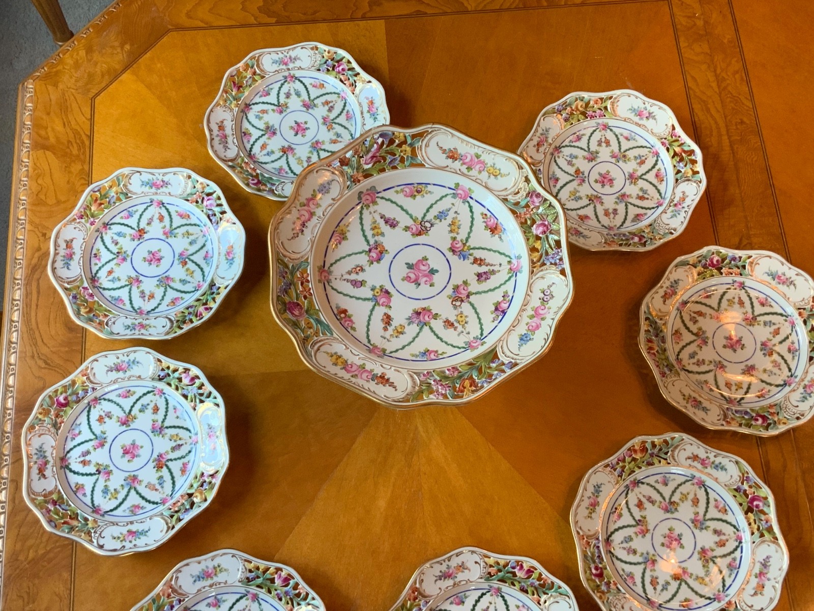 Antique Carl Thieme Dresden Basketweave Dessert Service – 8 Plates & Compote