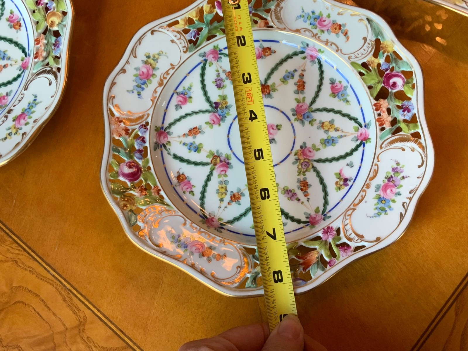 Antique Carl Thieme Dresden Basketweave Dessert Service – 8 Plates & Compote