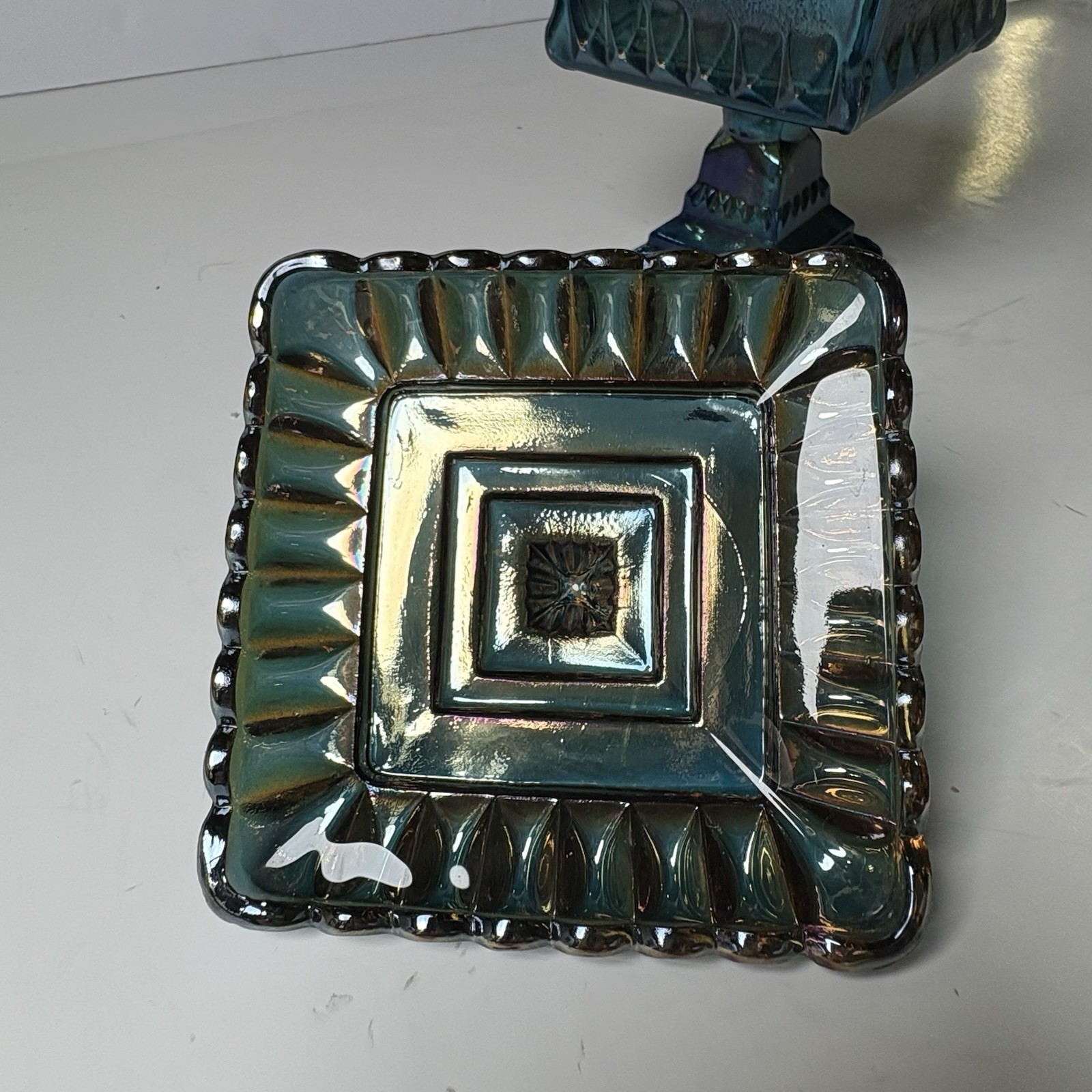Vintage Jeannette Glass Wedding Cake Box Candy Dish Iridescent Blue Green 1960s