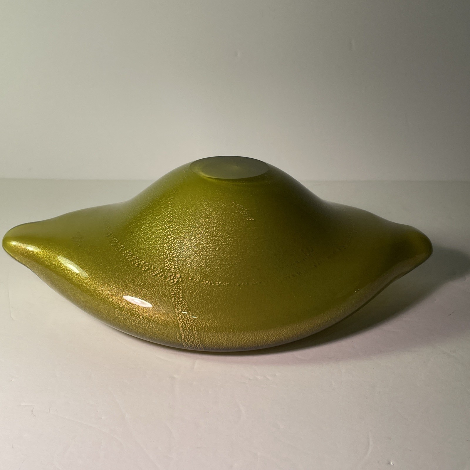 Mid Century Murano Olive Green Gold Fleck Leaf Barbini? Large Modernistic Bowl