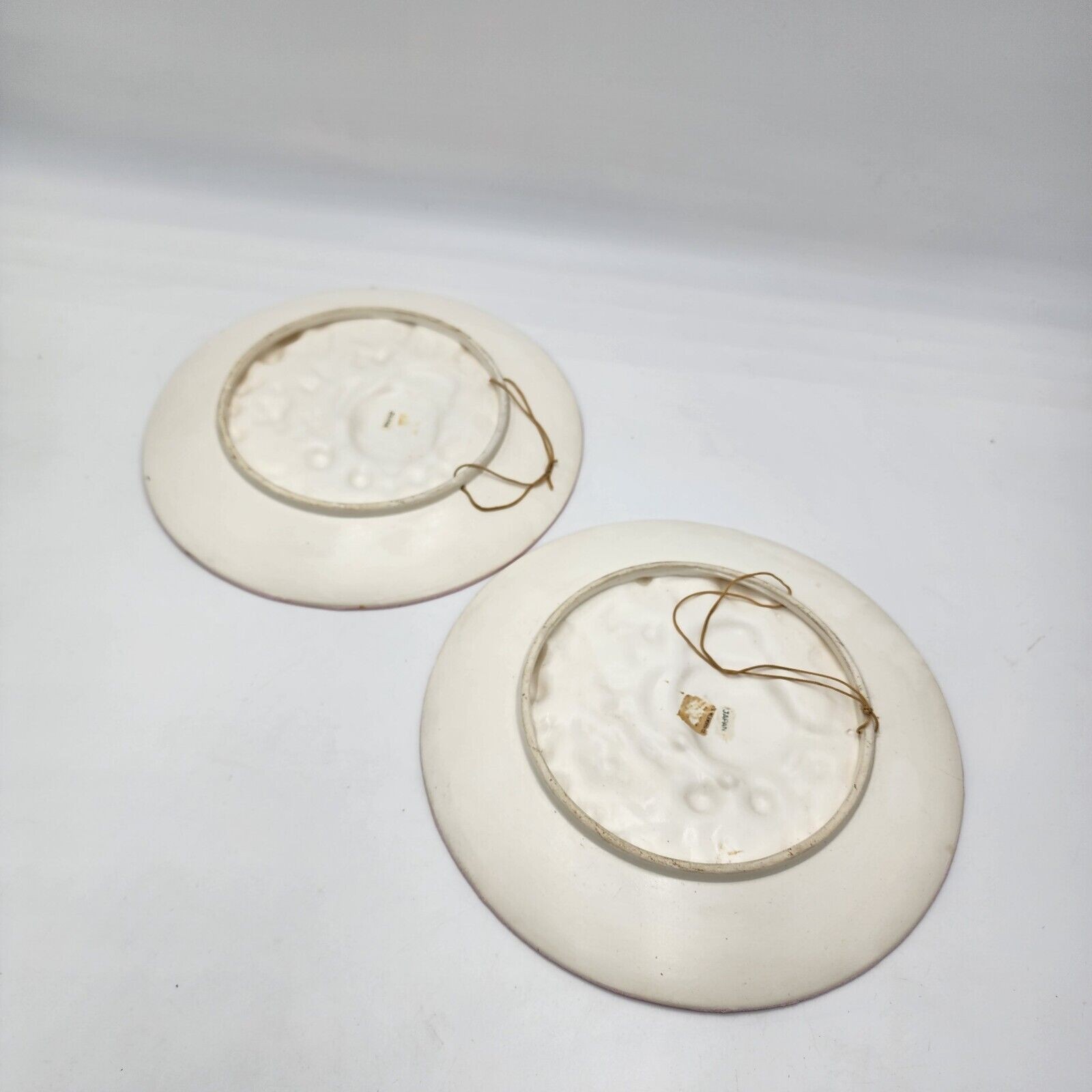 Vintage Set Of 2 Japan Hanging Wall Plates With Pink Gold Dimensional Fruit