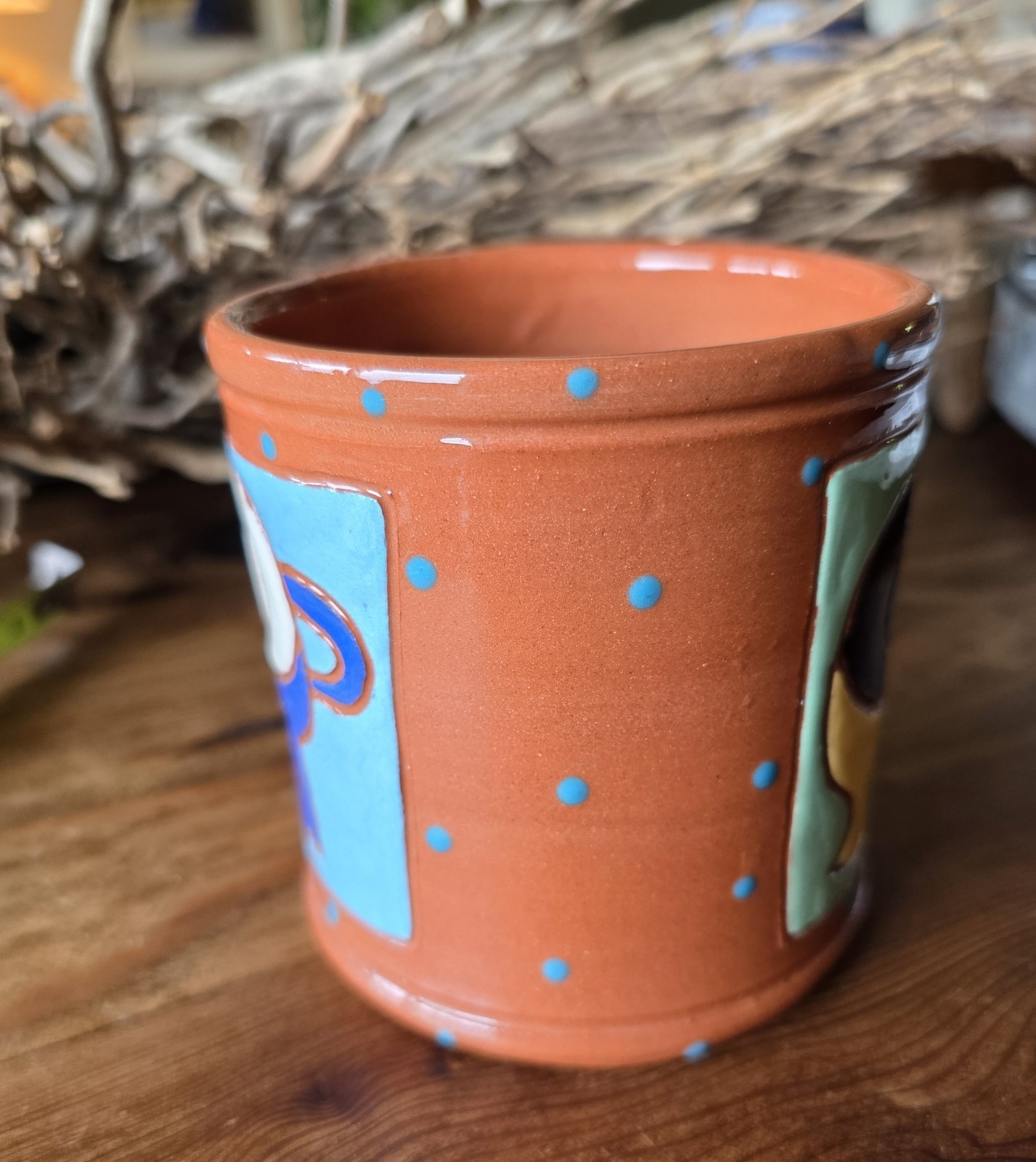 Pritchett & Shelby 2010 Art Pottery Mug Redware Colorful Whimsical Animalia EUC
