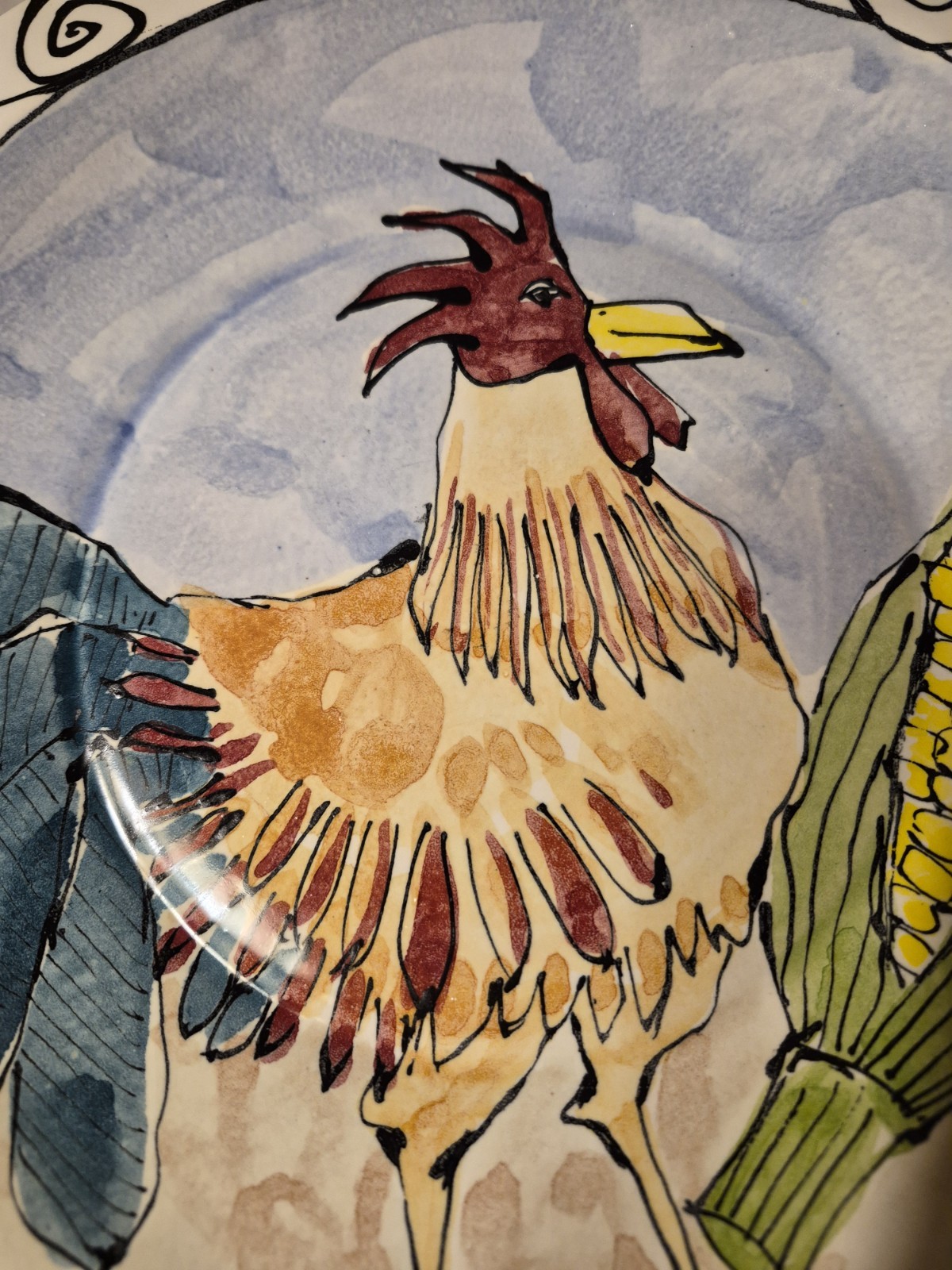 1997 Steve Hasslock 12″ Handpainted ROOSTER Pottery Signed Plate Farm Cottage