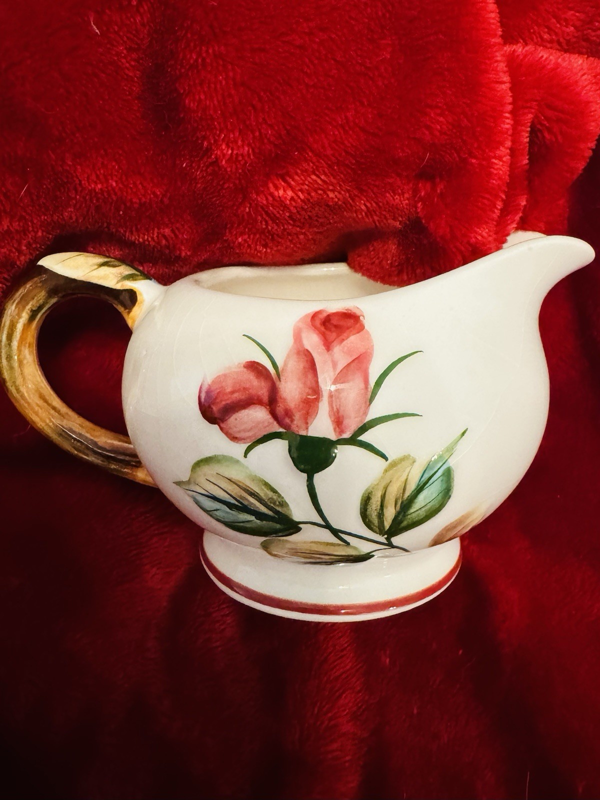 Hand-Painted Floral Rose Ceramic Creamer, White/Pink/Green, Gold Handle 953