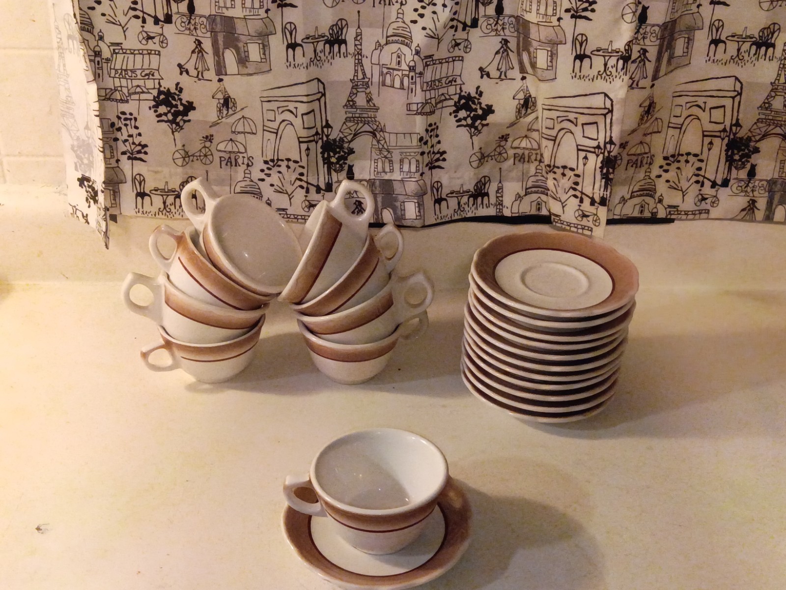 Ceramic Brown and White Twelve-Piece Cup & Saucer Set, Glossy Finish
