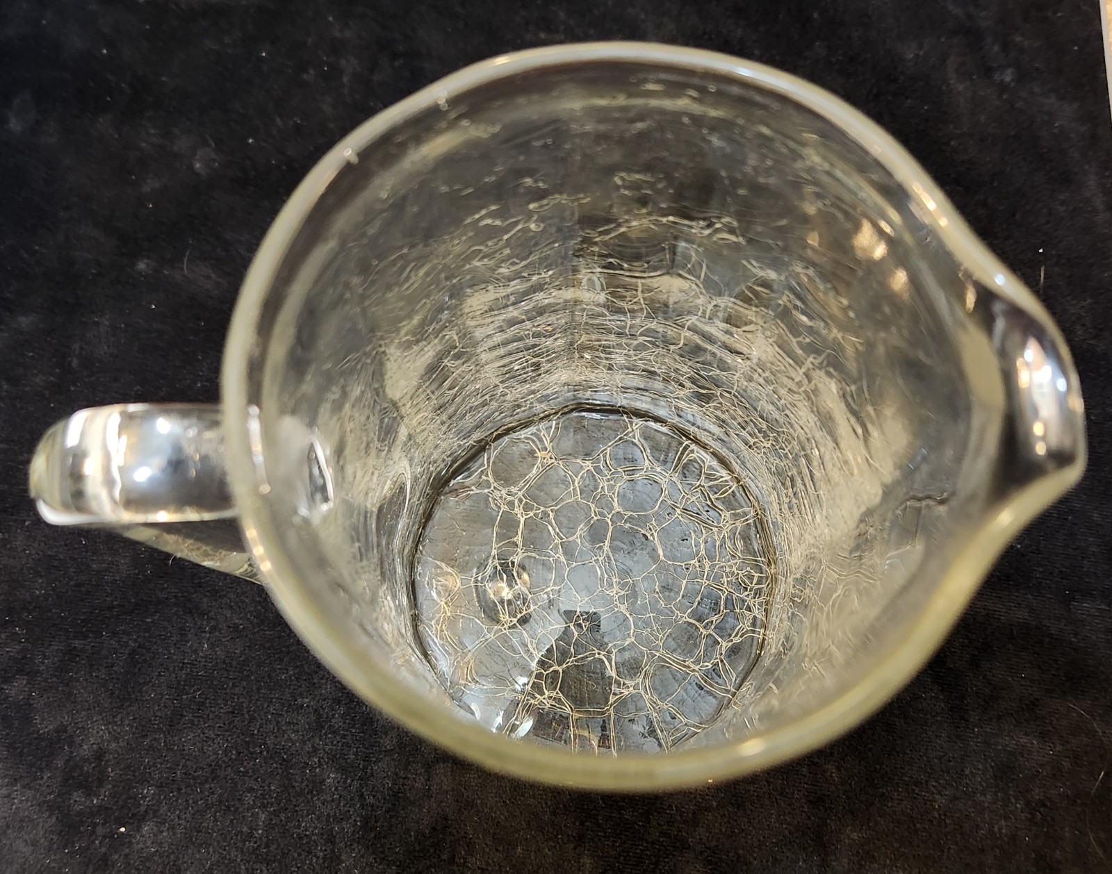 Antique Ribbed Crackle Glass Pitcher Applied Handle Art Nouveau maybe Kralik??