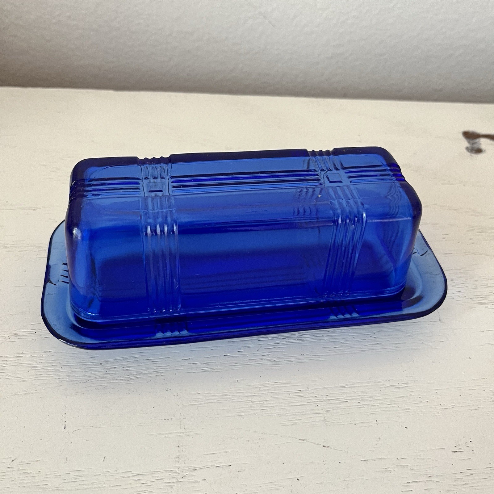 Vintage Hazel Atlas Cobalt Blue Glass Criss Cross Butter Dish, 1 Stick, 1/4 Lb