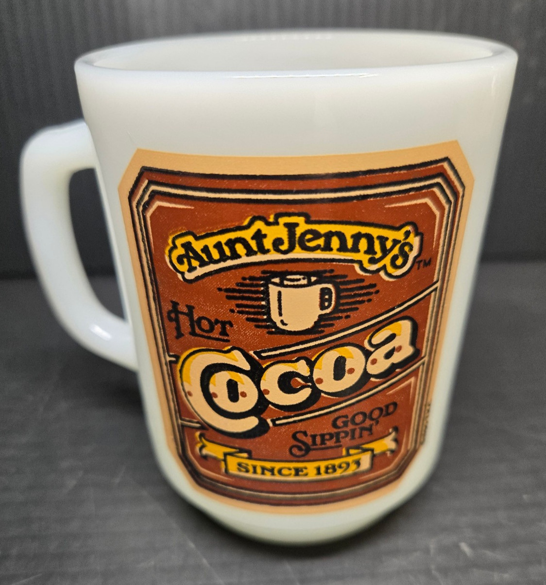 Set of 3 Vintage 1980s Anchor Hocking Aunt Jenny’s Cocoa & Tea Milk Glass Mugs