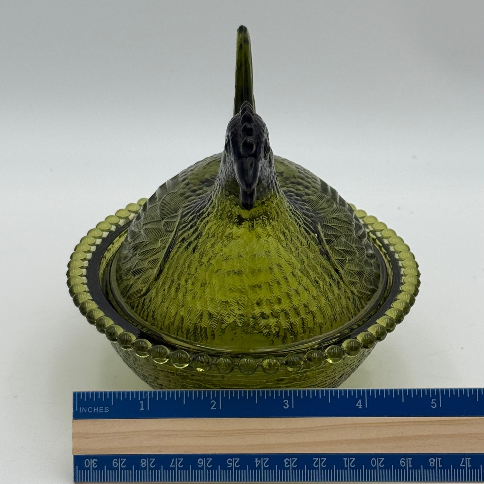 Vintage Olive Green Glass Hen on Nest Covered Candy Dish Farmhouse Decor 5.5in