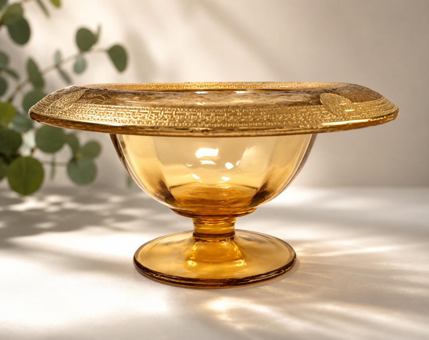Vintage Amber Glass Pedestal Compote with Rolled Gold Decorative Rim