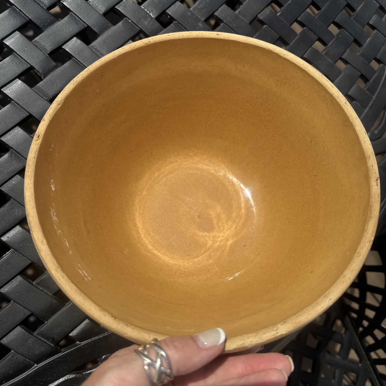 Antique YellowWare Bowl Rare#9 Blue White Stripe 9 in Marked USA Primitive