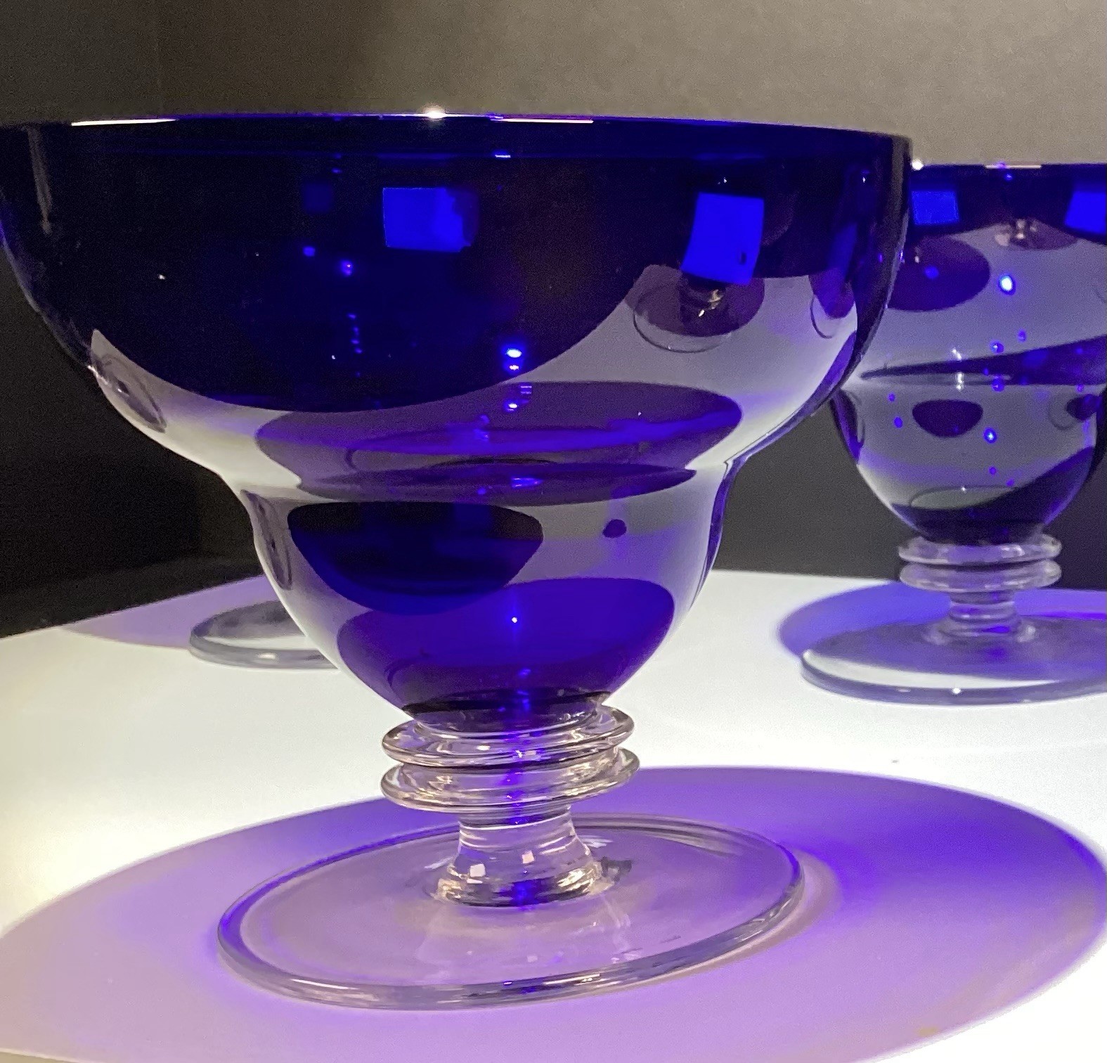 6 Deco Style Cobalt Blue Clear Footed Dessert Sherbet Ice Cream Bowls