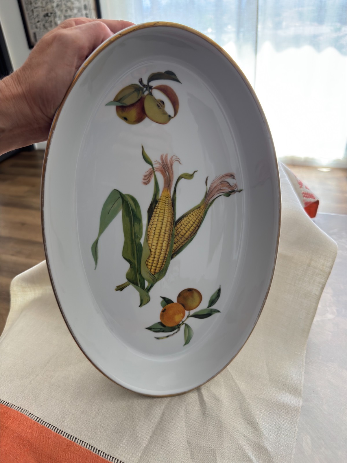 Royal Worcester Evesham Oval Platter – 14 Inch Porcelain Fruit Corn Gold Trim