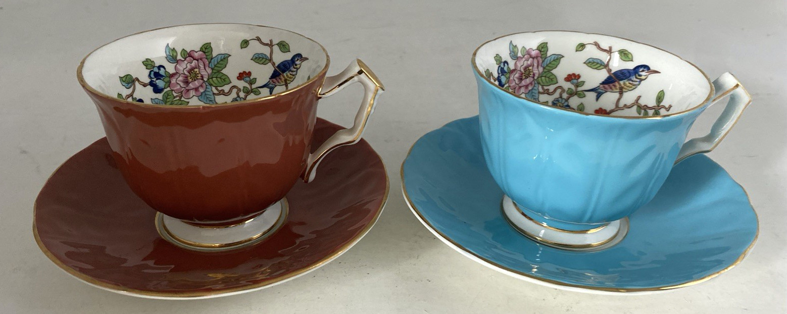 2- Aynsley Pembroke Teacups And Saucers Rust And Blue w/ Gold Trim
