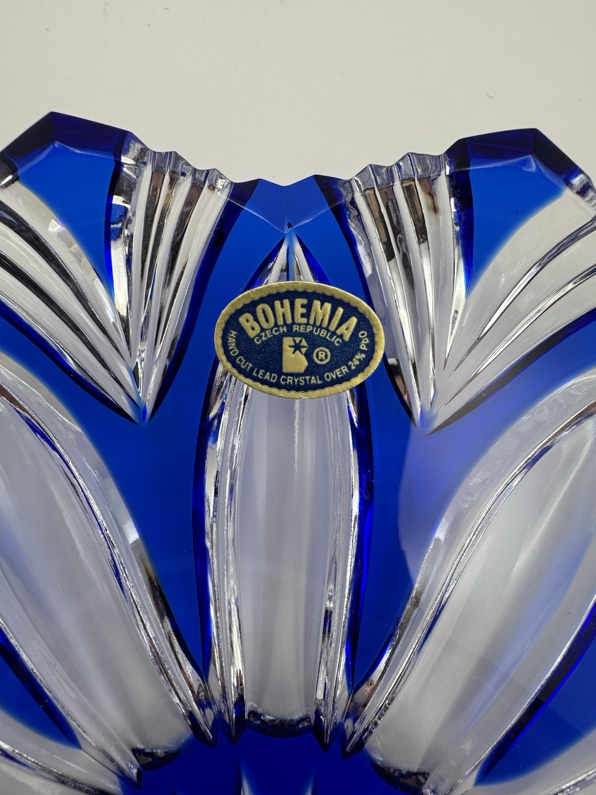 Bohemia Czech Cobalt Blue Cut to Clear Crystal Plate Charger Starburst