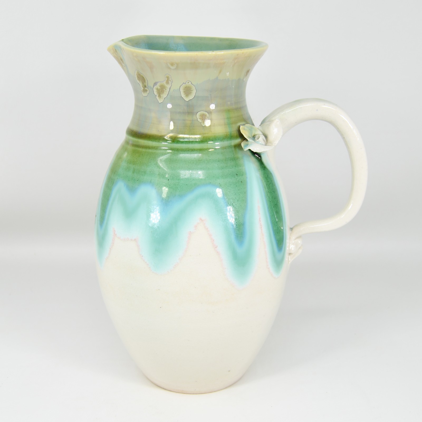 VTG Studio Art Pottery Pitcher Applied Flower Drip Flow Crystalline Glaze Signed