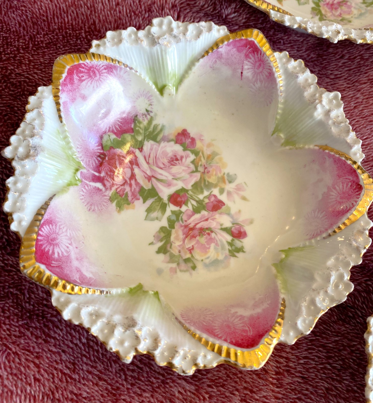 Antique RS Prussia Porcelain Serving & Berry Bowls Floral Pink Roses 7 PC Set