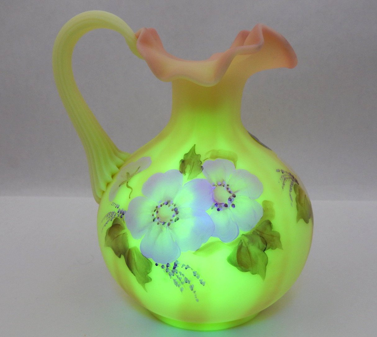 FENTON BURMESE URANIUM GLASS BILL FENTON 56 YEARS ANNIV. PITCHER, SIGNED, 6-1/2″