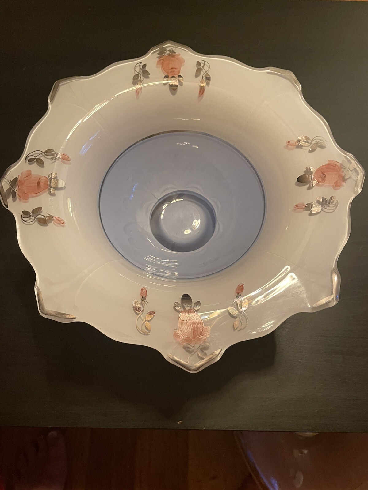 Baby Blue Art glass Bowl Pink Roses Platinum trim on Clear & White Glass