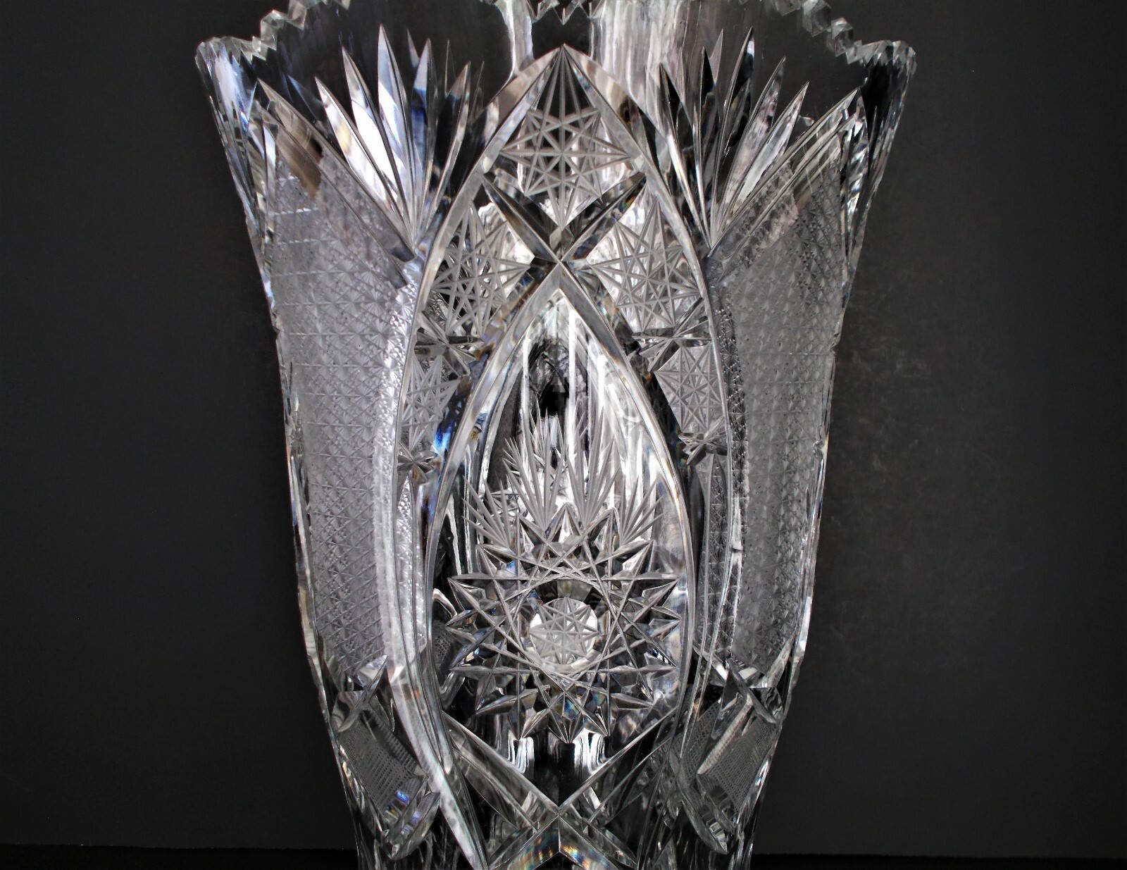 LARGE 16″Tall x 9 1/2″ Top x 5 1/2″ Base ABP Cut Glass Vase – 14 Pounds Heavy