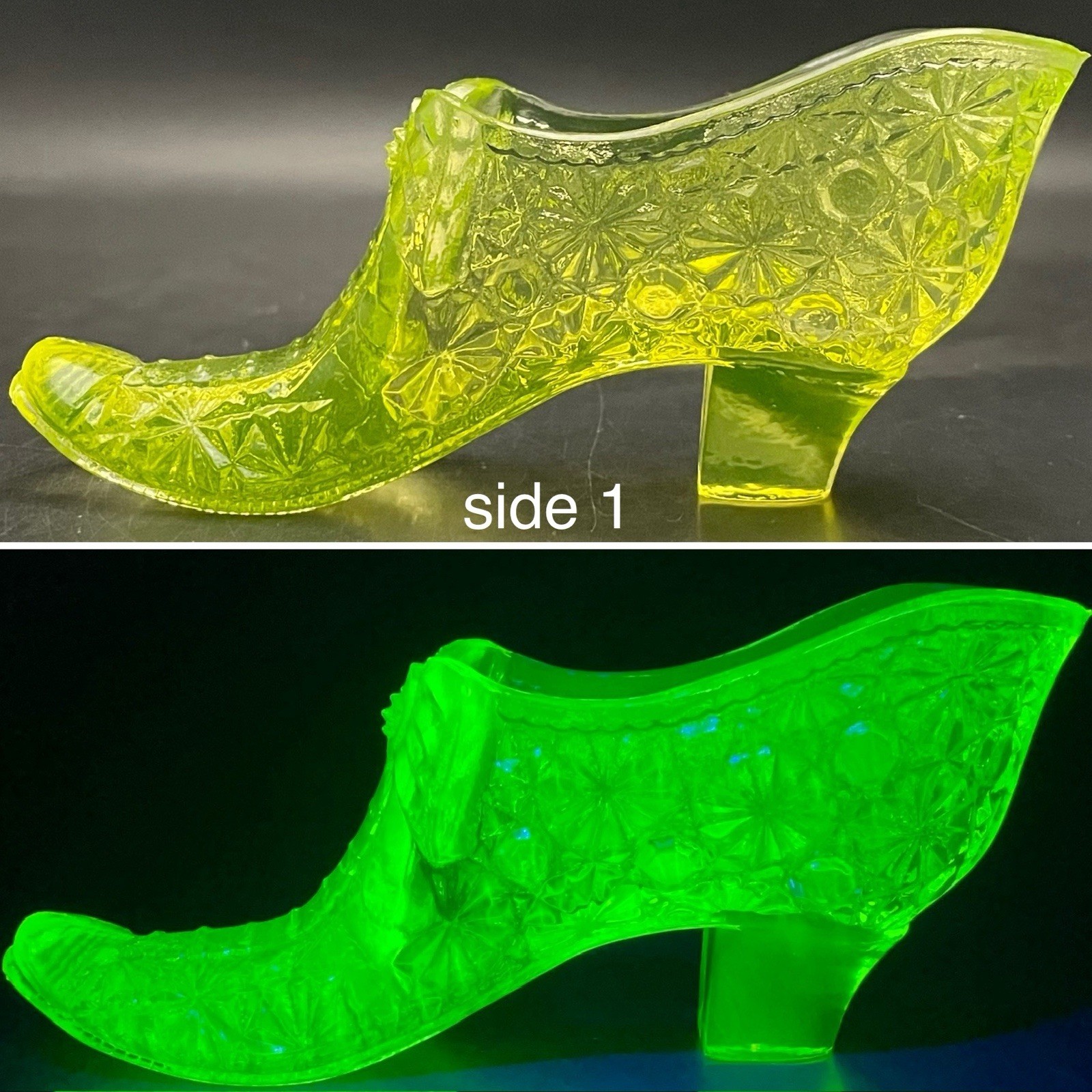 Boyd’s Uranium Glass Daisy & Button w/Bow Shoe Salt Cellar 1993-98 Made in USA