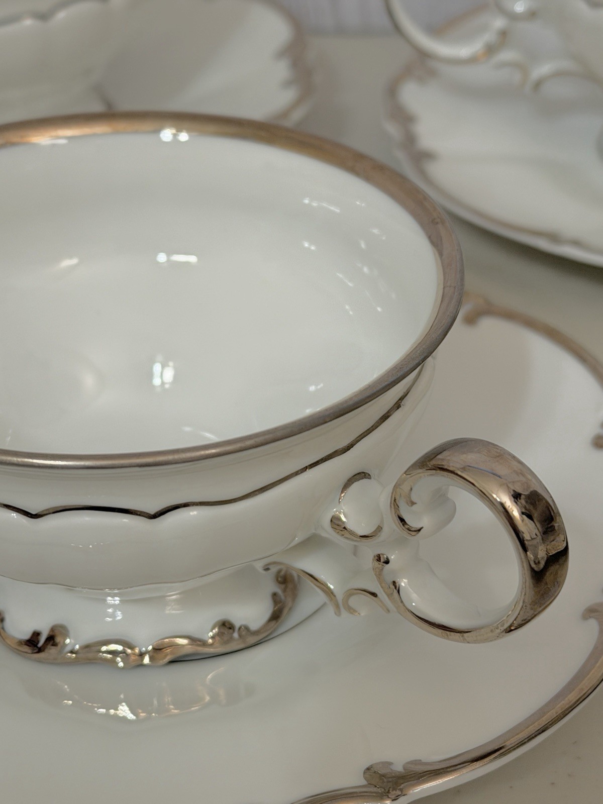VINTAGE SET OF 6 HUTSCHENREUTHER REVERE SYLVIA CUPS & SAUCERS SILVER PLATINUM