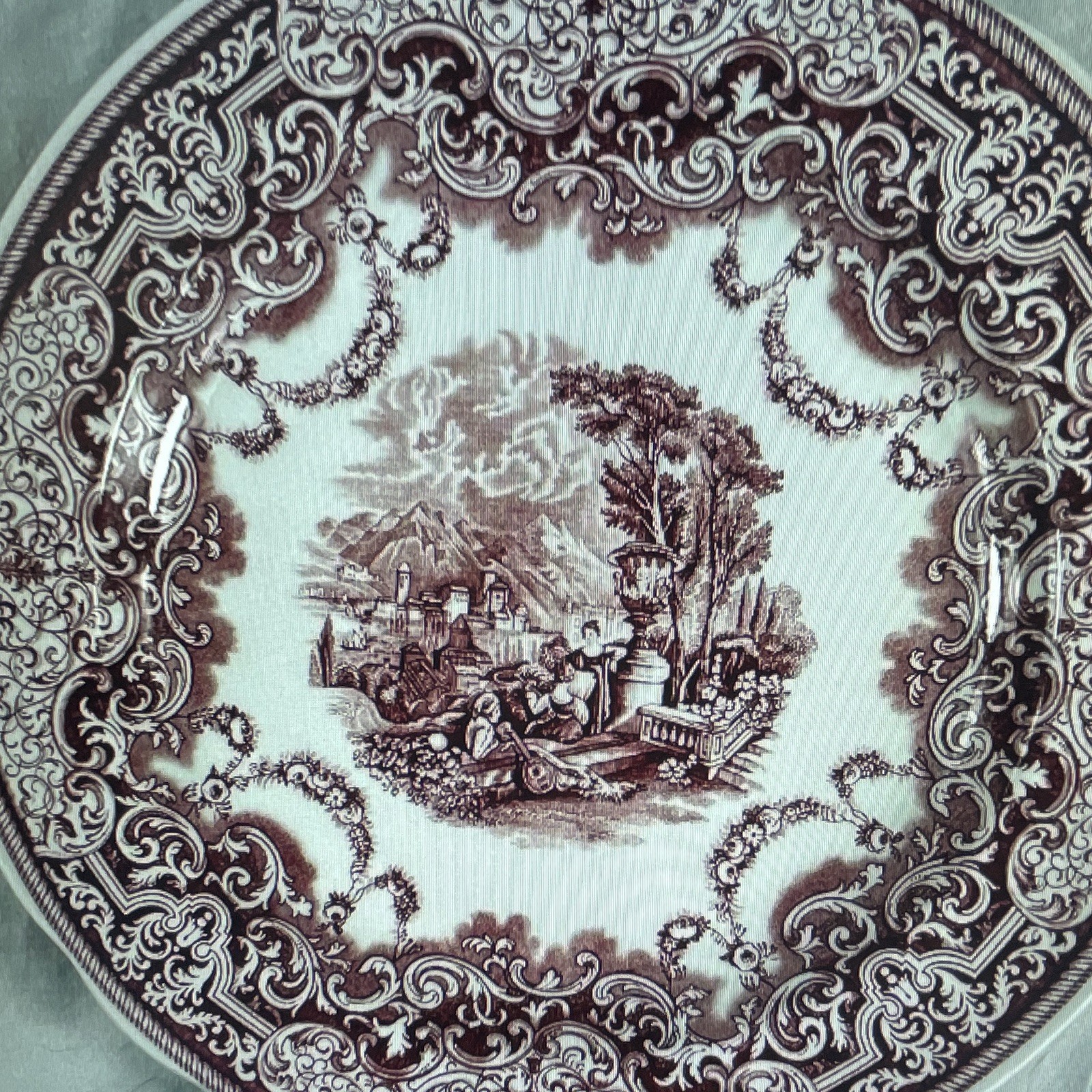 Unmarked Brown & White Scenic Transferware Style Round