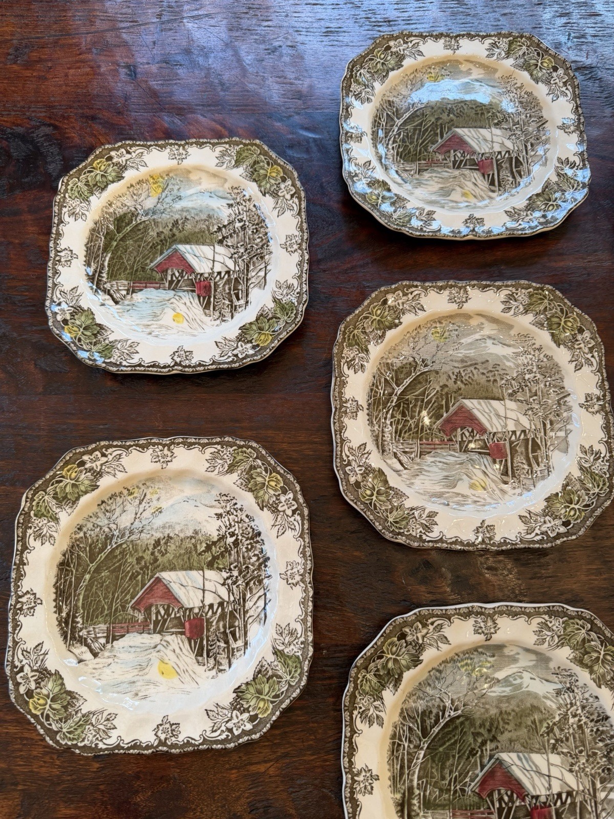 Lot Of 7 Johnson Bros The Friendly Village Square Salad Plates Covered Bridge