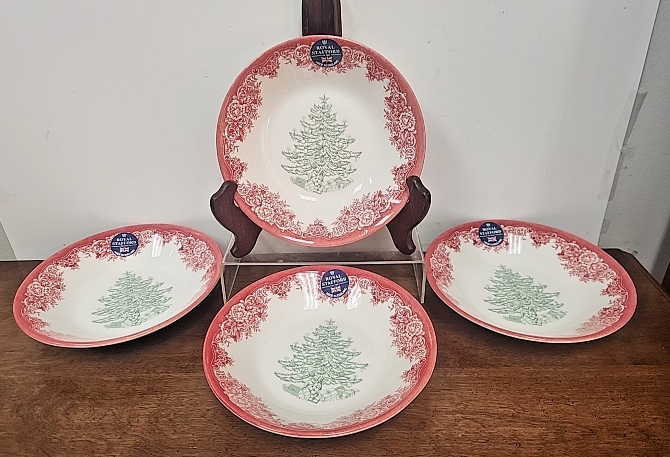 NEW! – ROYAL STAFFORD CHRISTMAS TREE RED & GREEN COUPE CEREAL BOWL SET OF FOUR