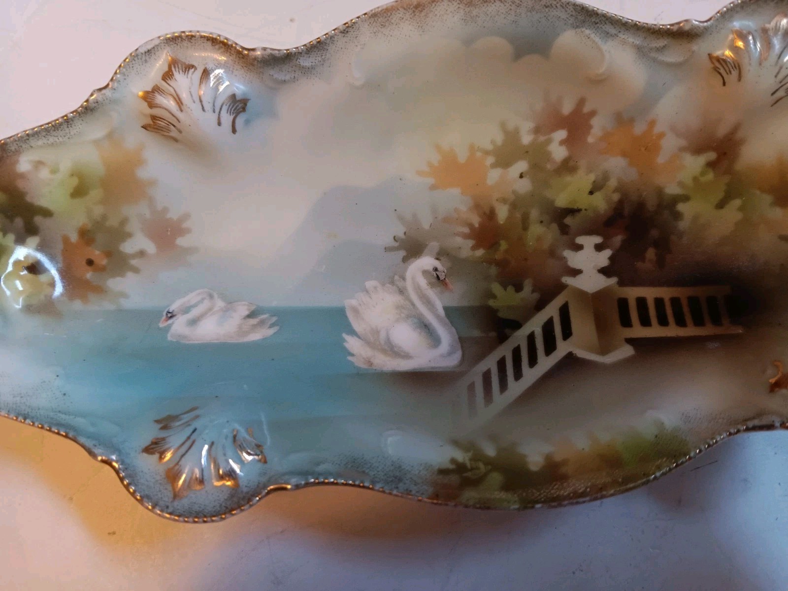 Vintage R S Prussia Porcelain Relish Dish with Swans on Lake – 8 1/8 inches long