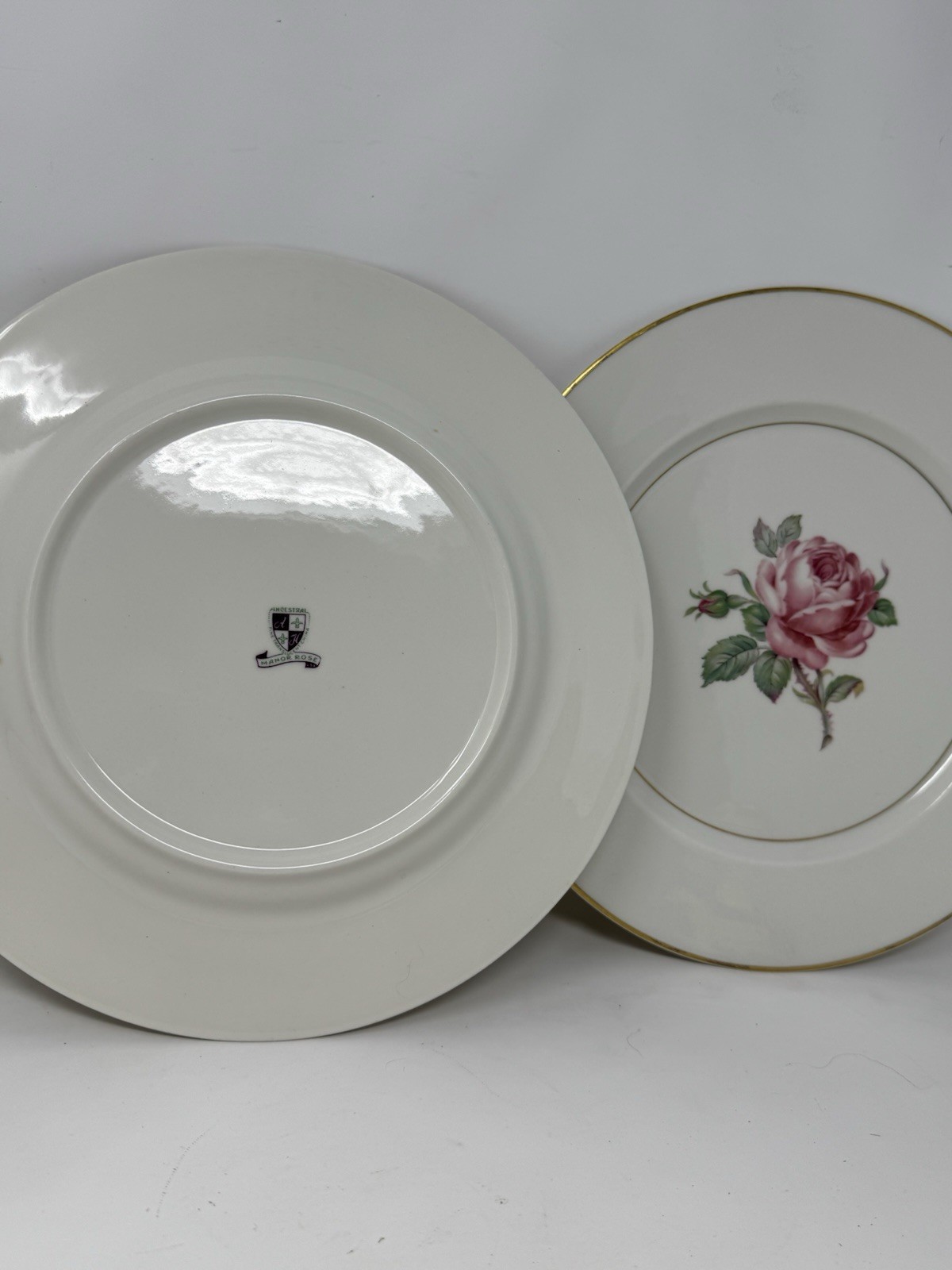 2 Ancestral USA China Manor Rose Dinner Plates rose floral gold trim GUC elegant