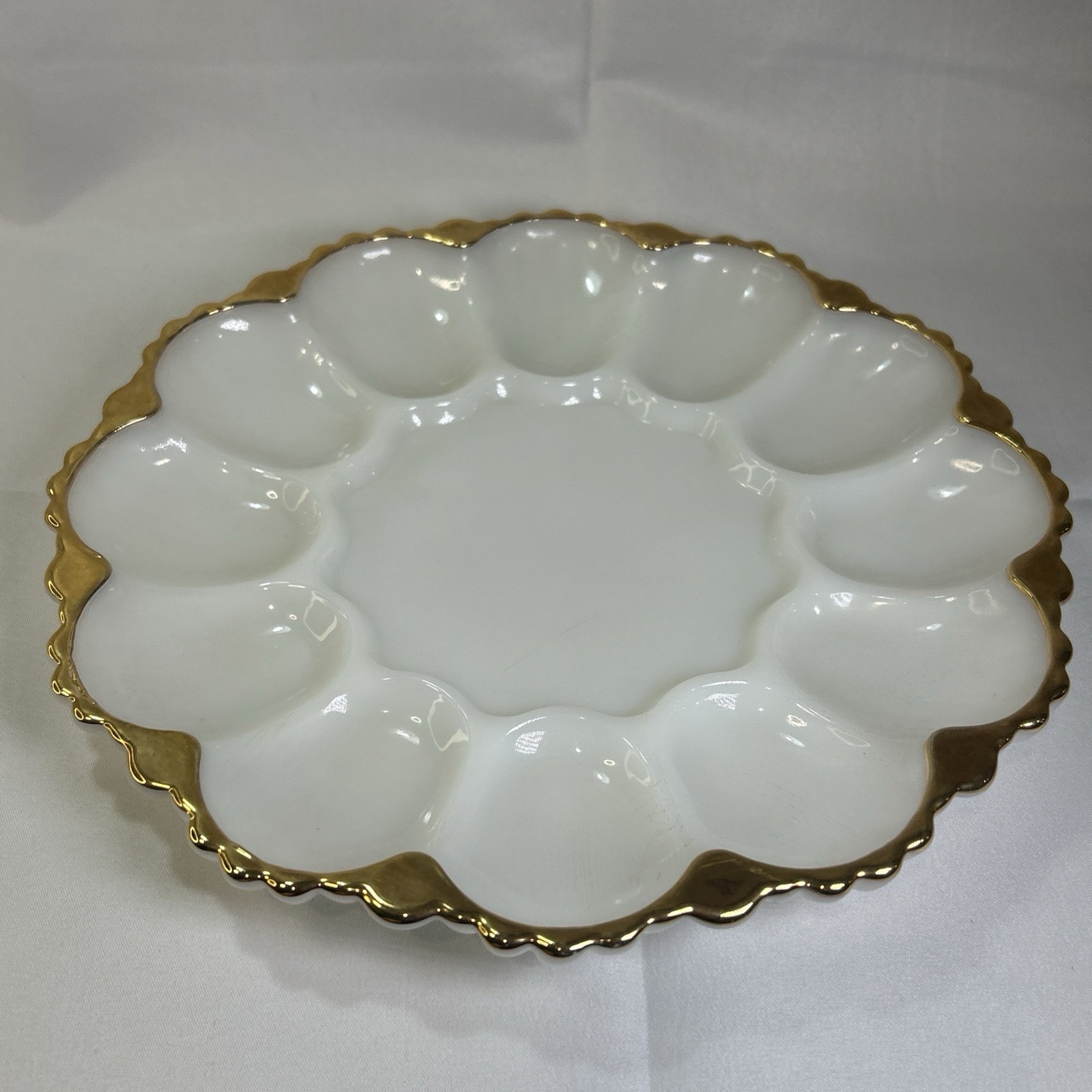 Vintage Anchor Hocking White Milk Glass Gold Trim Egg Plate