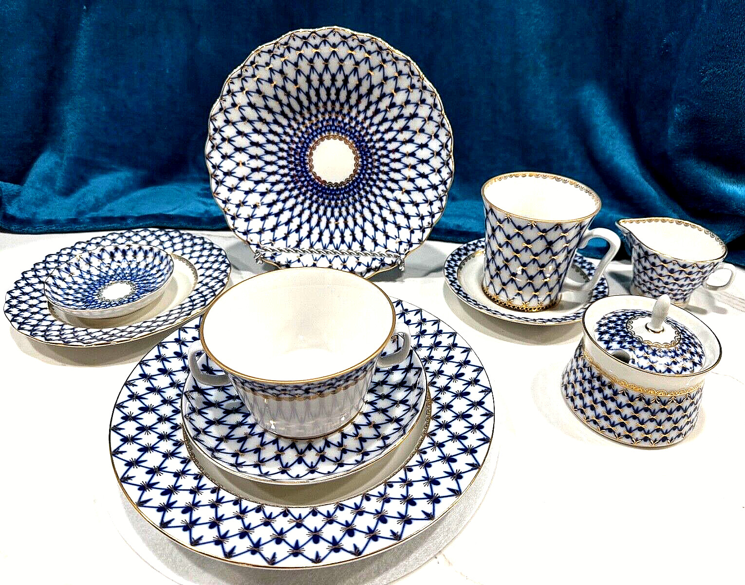Lomonosov Imperial Porcelain Russian COBALT NET SOUP BOWL with SAUCER 4 NEW