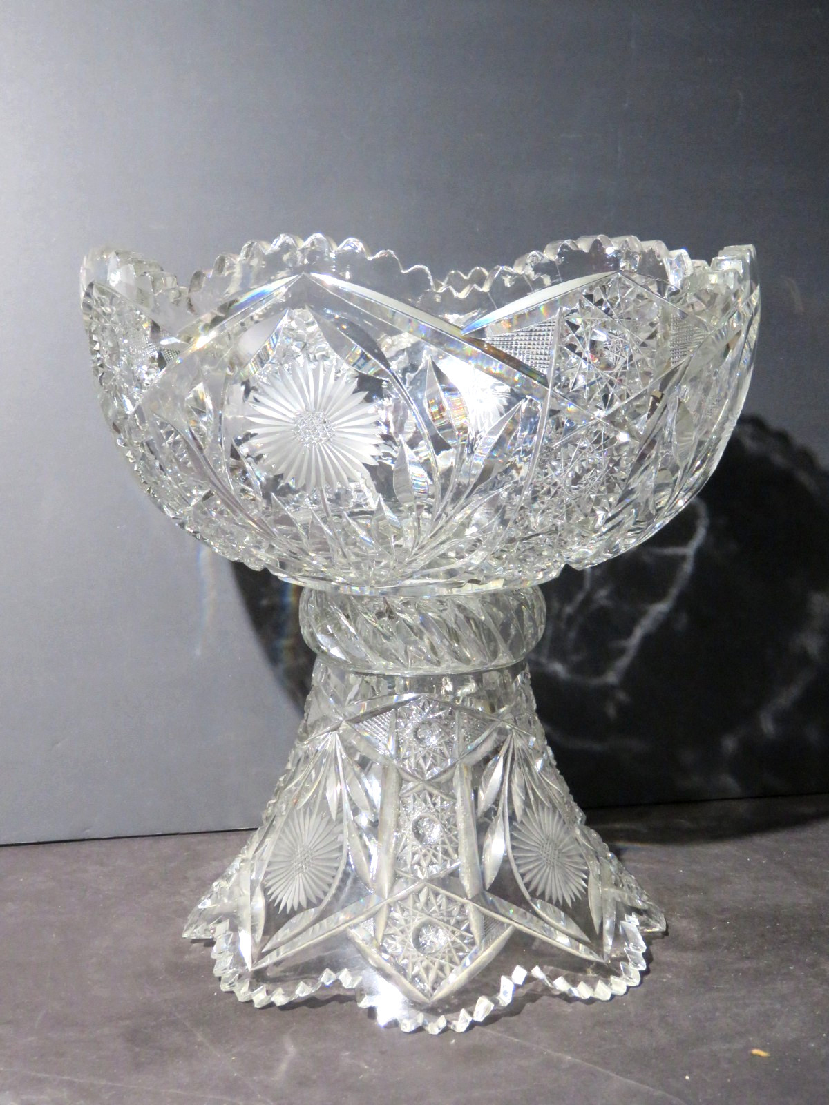 American Brilliant Cut Glass 2 Part Claret Bowl-Daisy Intaglio and Brilliant Cut