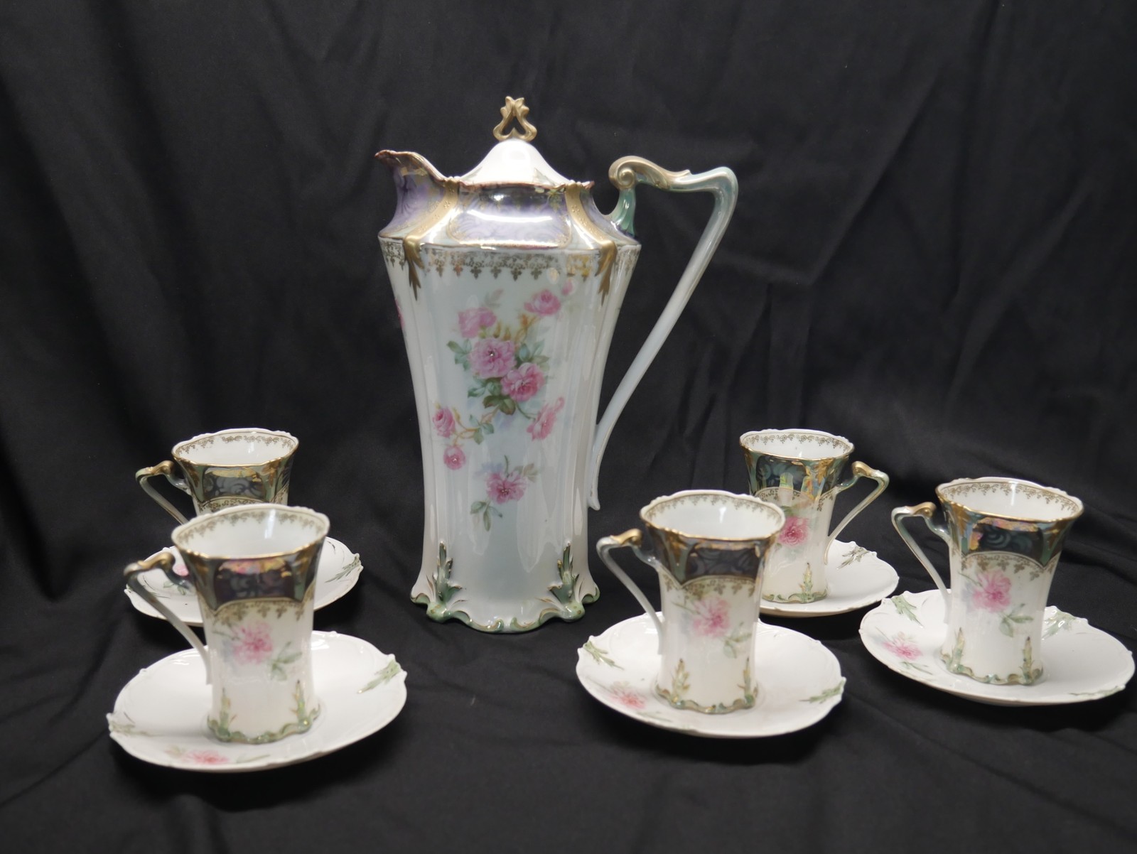 11pc ANTIQUE RS PRUSSIA hand painted FLORAL GOLD CHOCOLATE POT CUP & SAUCER set