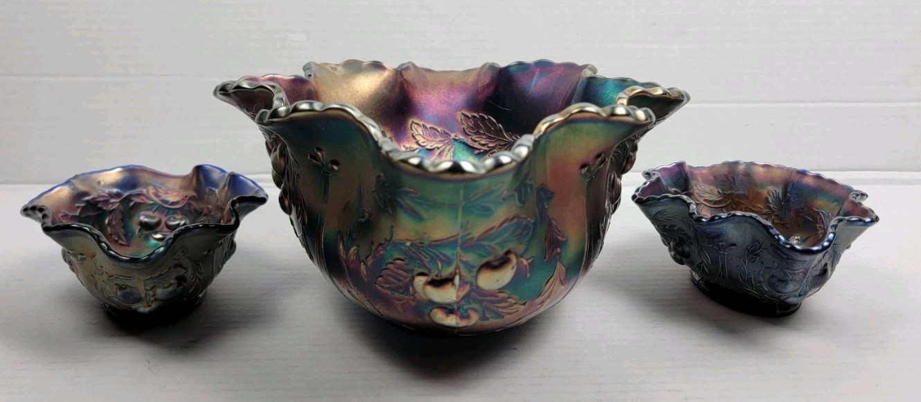 Carnival Glass Dugan WREATHED CHERRY Amethyst Oval Bowl Purple Ruffled Lot Of 3
