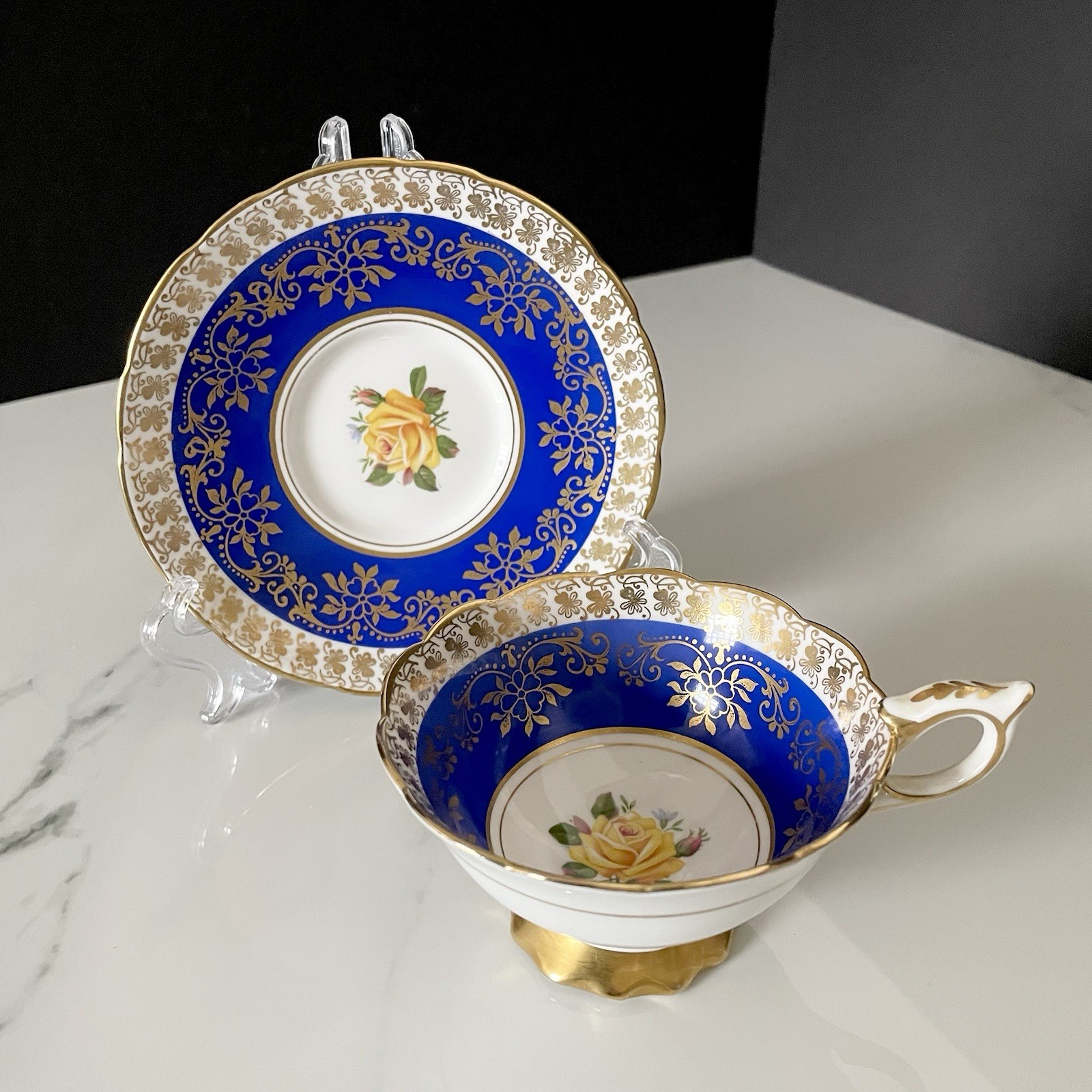 Cobalt Blue Gold & Yellow Rose Cup & Saucer By Royal Staffordshire