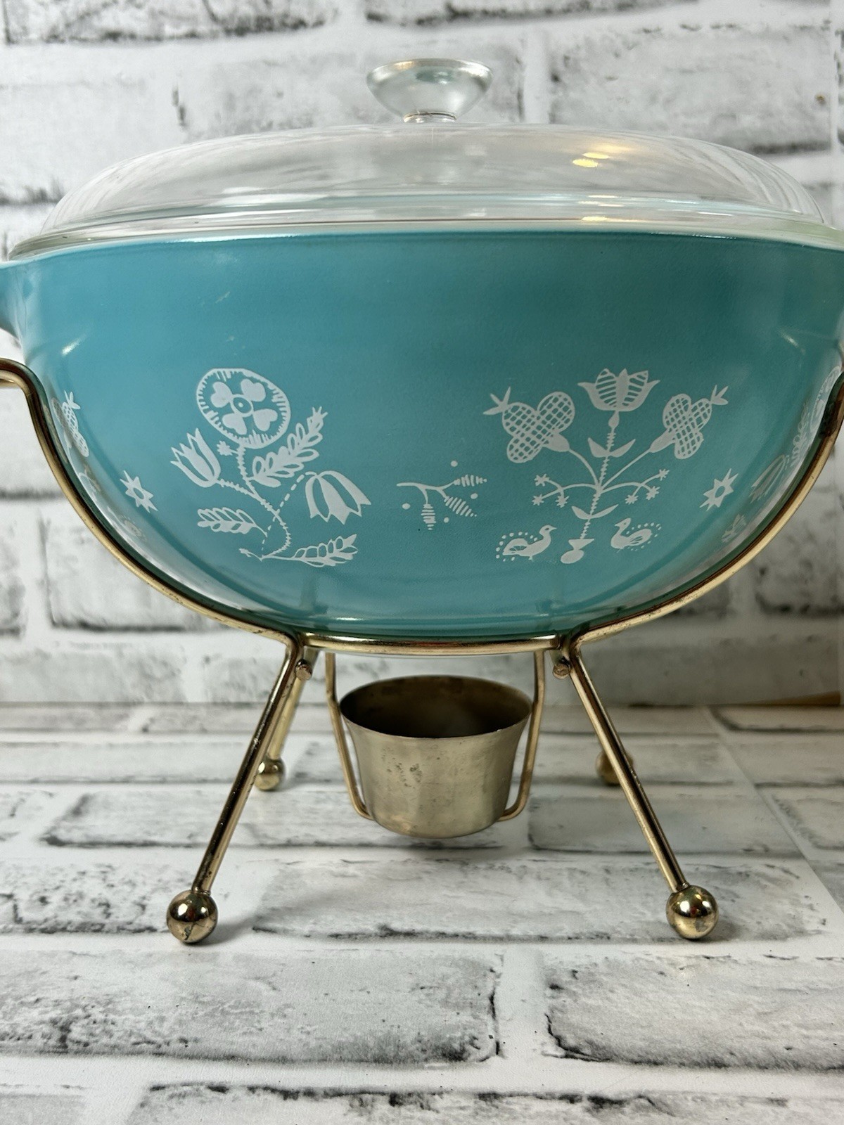 Pyrex Needlepoint Embroidery 443 Cinderella Bowl & Warmer Turquoise 1958 Promo