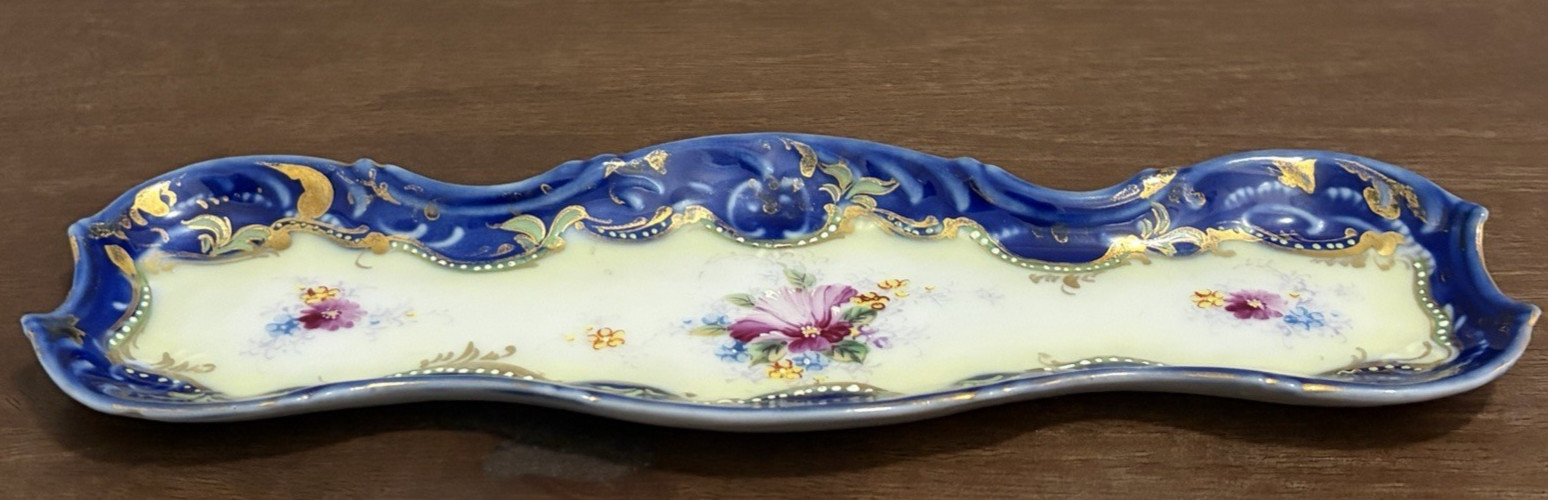 Antique Nippon Hand Painted Cobalt Blue Floral Relish Tray Gold 9″ C.1910’s